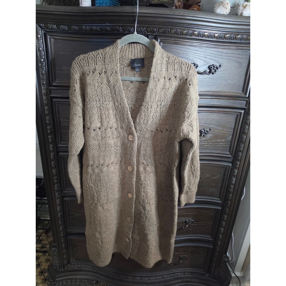 Lumiere Womens Longline Pointelle Knit Cardigan Taupe Brown Button Front Small